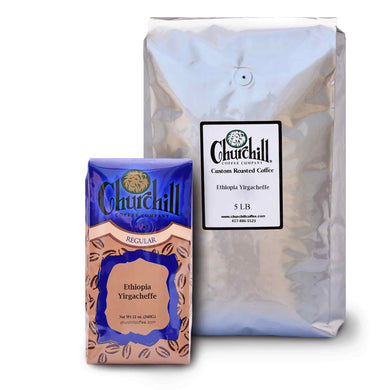 Churchill Coffee Company - Ethiopia Yirgacheffe - Showing both size options - 12 ounce bag and 5 pound bulk bag