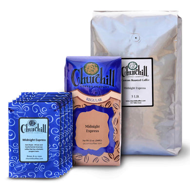 Churchill Coffee Company - Midnight Express Blend - Available in 3 different size: 1.5 ounce bag, 5 pack, 12 ounce bag, and 5 pound bulk bag
