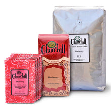 Load image into Gallery viewer, Churchill Coffee Company - Blueberry - Showing all 3 size options. 1.5 ounce bags in a 5 pack, 12 ounce bag, and a 5 pound bulk bag
