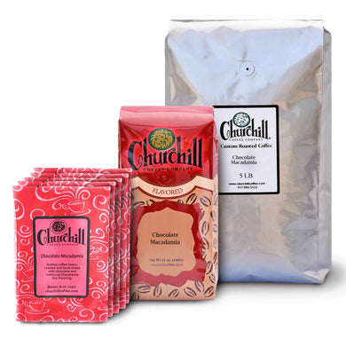 Churchill Coffee Company - Chocolate Macadamia - Showing all 3 size options - 1.5 ounce bags in a pack of 5, 12 ounce bag, and 5 pound bulk bag