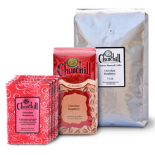 Load image into Gallery viewer, Churchill Coffee Company - Chocolate Raspberry - Showing 3 different size options - 1.5 ounce bags in a five pack, 12 ounce bag, and 5 pound bulk bag
