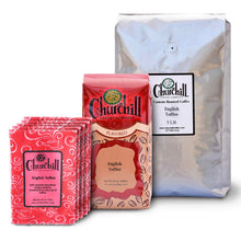 Load image into Gallery viewer, Churchill Coffee Company - English Toffee - Showing all 3 size options - 1.5 ounce bags in a pack of 5, 12 ounce bag, and 5 pound bulk bag
