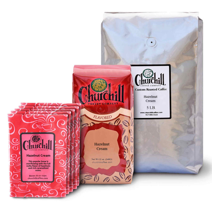 Churchill Coffee Company - Hazelnut Cream -Showing all 3 size options - 1.5 ounce bags in a pack of 5, 12 ounce bag, and 5 pound bulk bag