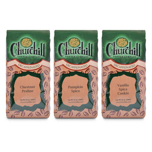 Sampler with three 12 ounce bags. Our most popular fall flavors: Chestnut Praline, Pumpkin Spice, and Vanilla Spice Cookie Decaf