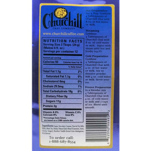 Vanilla Spice Chai Tea Close Up of Ingredients and Nutrition Facts. Serving size 3 Tbsps, makes 6 fl. oz., 93 calories per serving. First 3 ingredients are sugar, non-dairy creamer, nSodium Caseinate