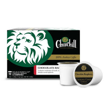 Load image into Gallery viewer, Churchill Coffee Company. Chocolate Raspberry Flavored Coffee in single use pods for use in Keurig K-Cup Compatible Brewers. 2.0 Compatible. 12 Count.
