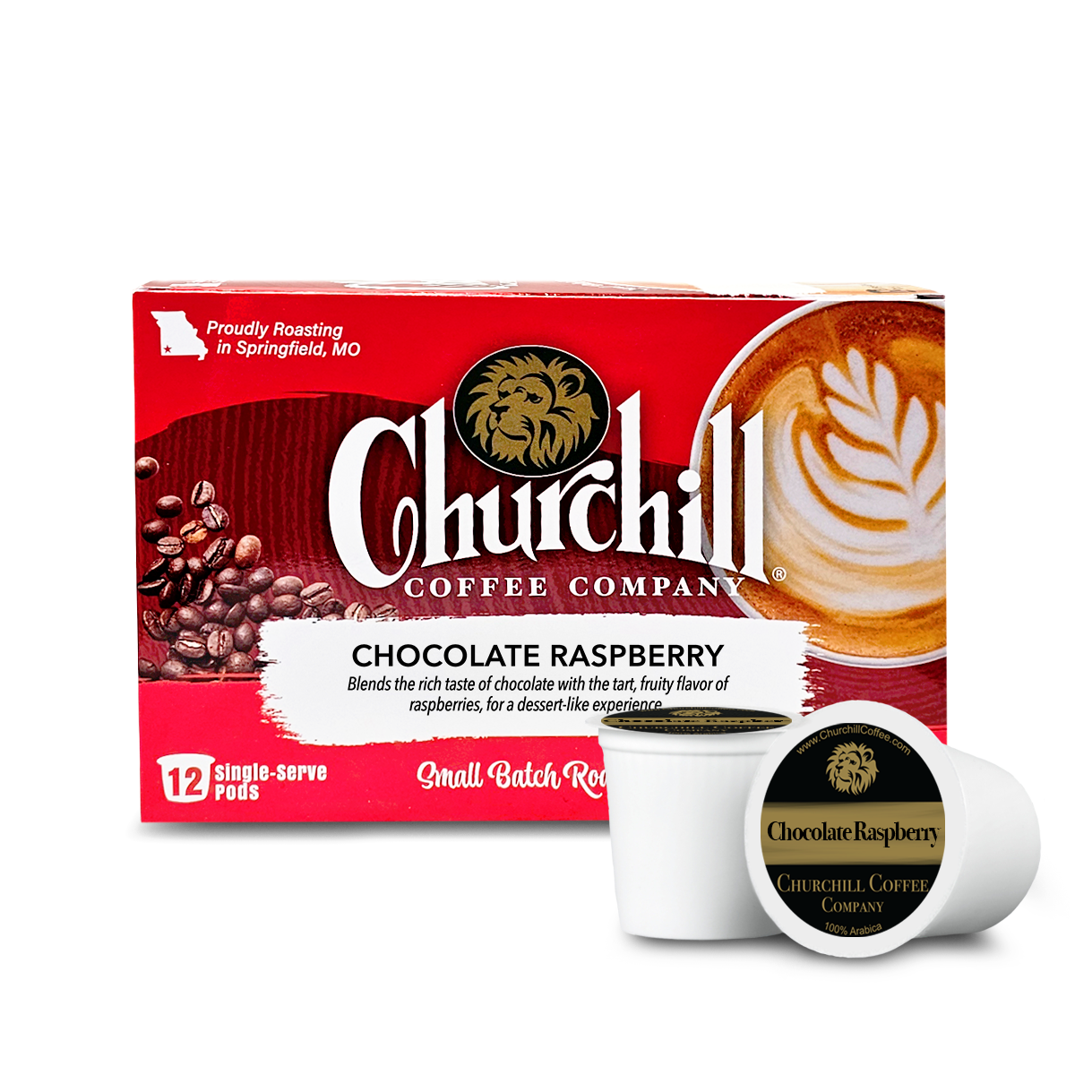 Churchill Coffee Company Chocolate Raspberry coffee pods packaging on a white background