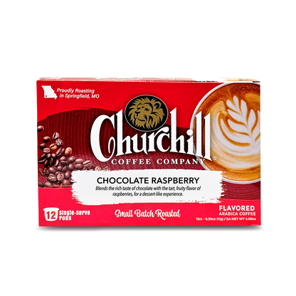 Churchill Coffee Company. Chocolate Raspberry Flavored Coffee in single use pods for use in Keurig K-Cup Compatible Brewers. 2.0 Compatible. 12 Count. Regular