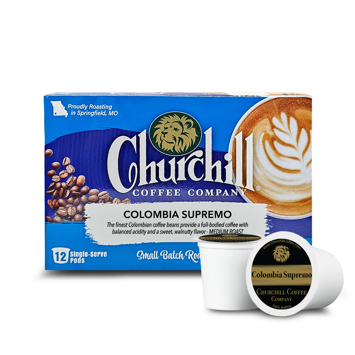 Box of Churchill Coffee Company Colombia Supremo coffee pods with a single pod on a white background.