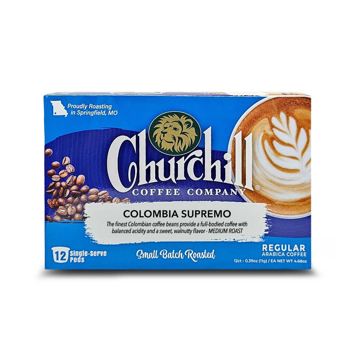 Churchill Coffee Company. Colombia Supremo Unflavored Coffee in single use pods for use in Keurig K-Cup Compatible Brewers. 2.0 Compatible. 12 Count. Regular