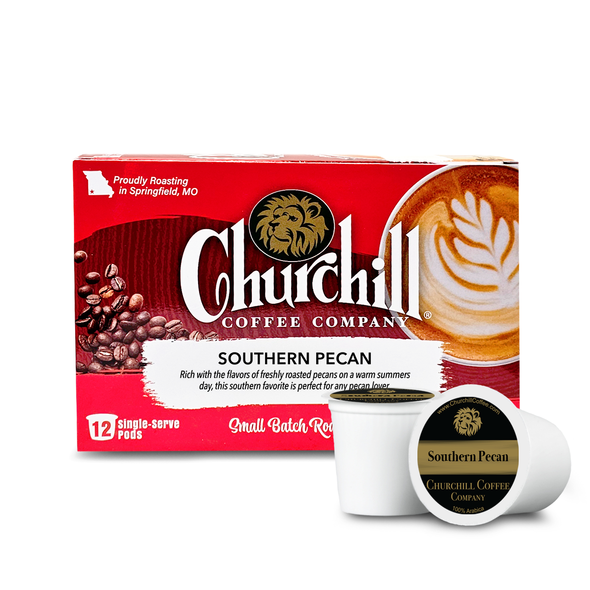 Churchill Coffee Company Southern Pecan coffee pods packaging on a white background