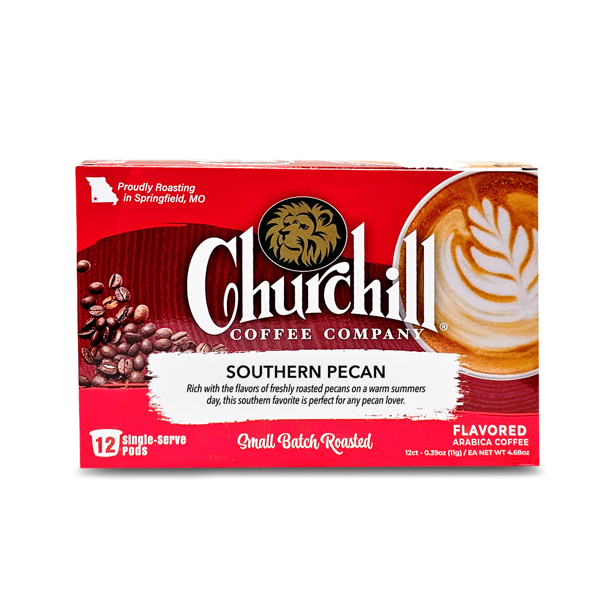Churchill Coffee Company. Southern Pecan Flavored Coffee in single use pods for use in Keurig K-Cup Compatible Brewers. 2.0 Compatible. 12 Count. Regular