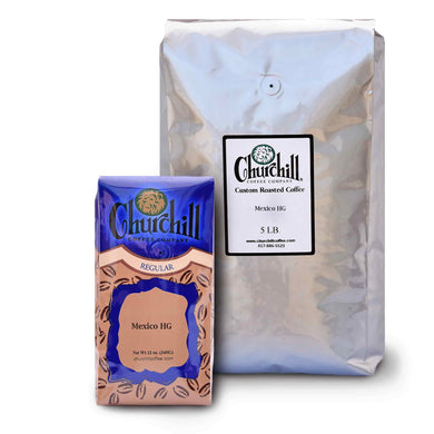 Churchill Coffee Company - Mexico HG - Showing both size options - 12 ounce bag and 5 pound bulk bag