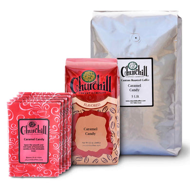 Churchill Coffee Company - Caramel Candy - Showing all 3 size options - 1.5 ounce bags in a pack of 5, 12 ounce bag, and 5 pound bulk bag
