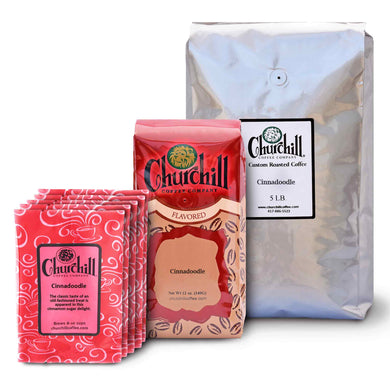 Churchill Coffee Company - Cinnadoodle - Showing 3 different size options - 1.5 ounce bags in a 5 pack, 12 ounce bag, and 5 pound bulk bag