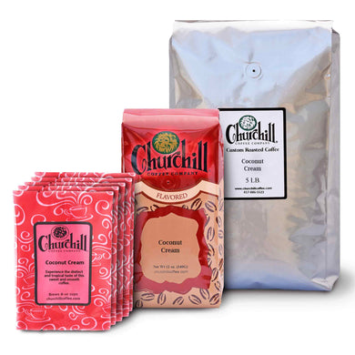 Churchill Coffee Company - Coconut Cream - Showing all 3 size options - 1.5 ounce bags in a pack of 5, 12 ounce bag, and 5 pound bulk bag