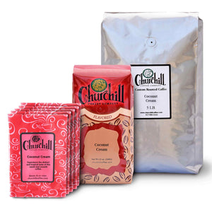 Churchill Coffee Company - Coconut Cream - Showing all 3 size options - 1.5 ounce bags in a pack of 5, 12 ounce bag, and 5 pound bulk bag
