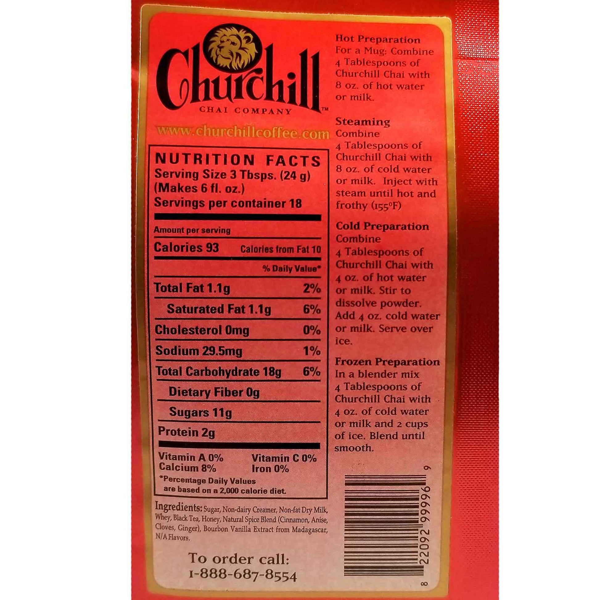 Lion Spice Chai Tea Close Up of Ingredients and Nutrition Facts. Serving size 3 Tbsps, makes 6 fl. oz., 93 calories per serving. First 3 ingredients are sugar, non-dairy creamer, non-fat dry milk