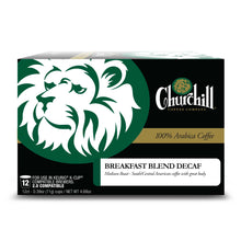 Load image into Gallery viewer, Churchill Coffee Company. Decaf Breakfast Blend Unflavored Coffee in single use pods for use in Keurig K-Cup Compatible Brewers. 2.0 Compatible. 12 Count.

