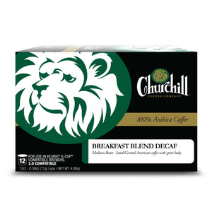 Churchill Coffee Company. Decaf Breakfast Blend Unflavored Coffee in single use pods for use in Keurig K-Cup Compatible Brewers. 2.0 Compatible. 12 Count.