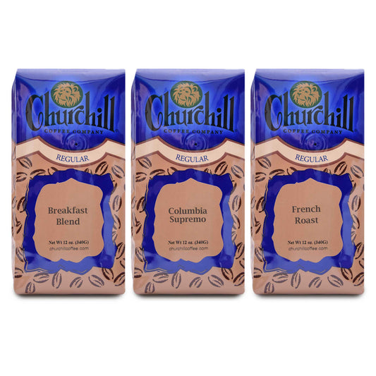 Our best selling non-flavored coffees. 3 pack: Breakfast Blend, Columbia Supremo, French Roast
