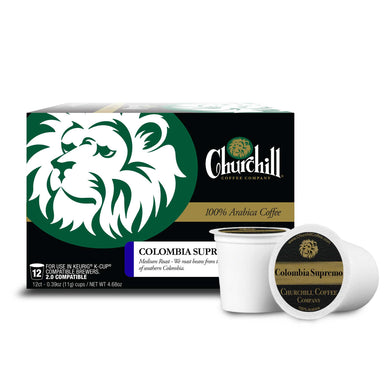 Churchill Coffee Company. Colombia Supremo Unflavored Coffee in single use pods for use in Keurig K-Cup Compatible Brewers. 2.0 Compatible. 12 Count.