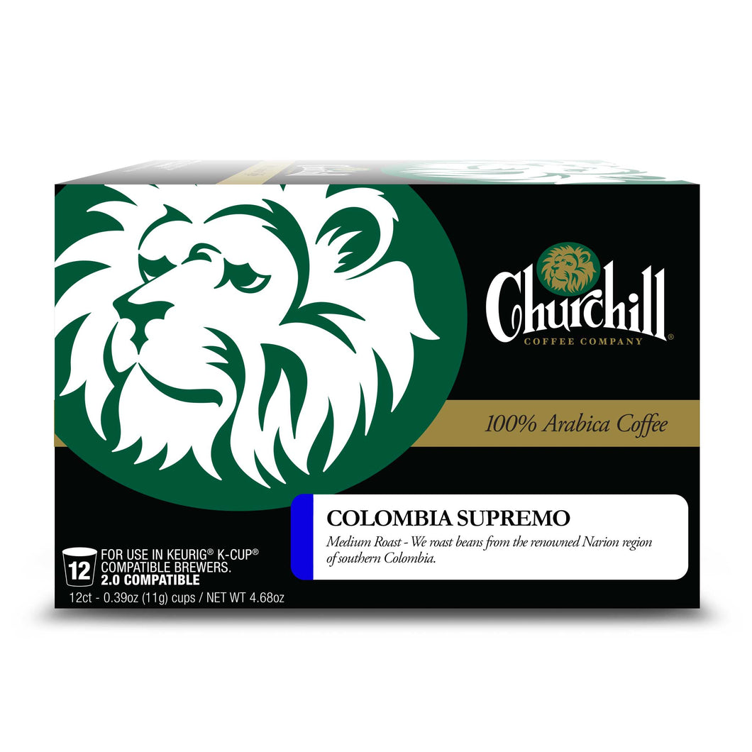 Churchill Coffee Company. Colombia Supremo Unflavored Coffee in single use pods for use in Keurig K-Cup Compatible Brewers. 2.0 Compatible. 12 Count. Regular