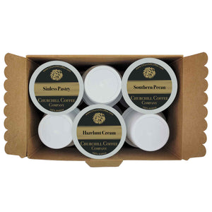 Churchill Coffee Company. Variety Pack Flavored Coffee in single use pods for use in Keurig K-Cup Compatible Brewers. 2.0 Compatible. 12 Count. Flavors are: Chocolate Raspberry, Hazelnut Cream, Sinless Pastry, Southern Pecan. Receive 3 of each flavor. Regular