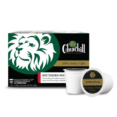 Churchill Coffee Company. Southern Pecan Flavored Coffee in single use pods for use in Keurig K-Cup Compatible Brewers. 2.0 Compatible. 12 Count.