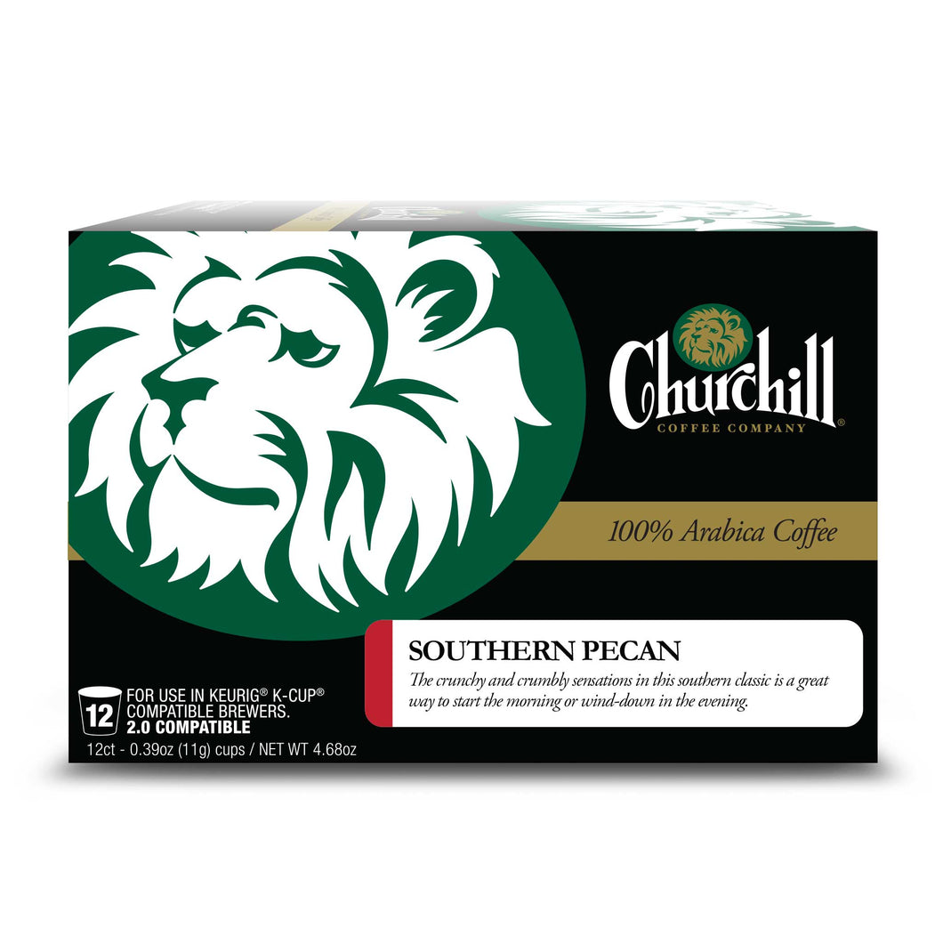 Churchill Coffee Company. Southern Pecan Flavored Coffee in single use pods for use in Keurig K-Cup Compatible Brewers. 2.0 Compatible. 12 Count. Regular