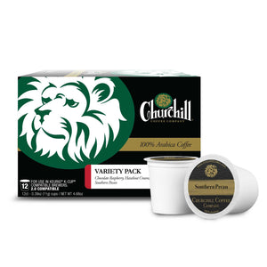 Churchill Coffee Company. Variety Pack Flavored Coffee in single use pods for use in Keurig K-Cup Compatible Brewers. 2.0 Compatible. 12 Count. Flavors are: Chocolate Raspberry, Hazelnut Cream, Sinless Pastry, Southern Pecan. Receive 3 of each flavor.
